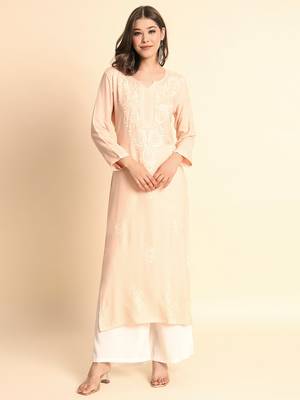 Peach Colour Chikankari Embroidery Rayon Kurti 1