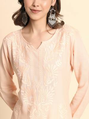 Peach Colour Chikankari Embroidery Rayon Kurti 3