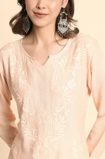 Peach Colour Chikankari Embroidery Rayon Kurti