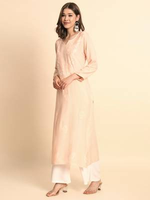Peach Colour Chikankari Embroidery Rayon Kurti 4