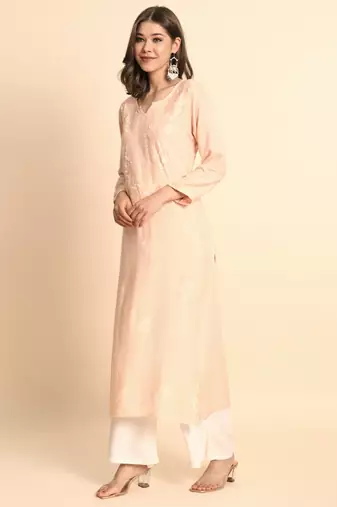 Peach Colour Chikankari Embroidery Rayon Kurti
