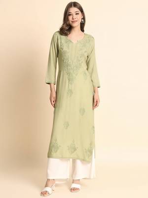Pista Colour Ethnic Chikankari Embroidery Work Rayon Kurti 1