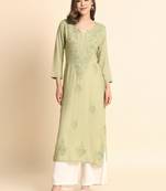 Pista Colour Ethnic Chikankari Embroidery Work Rayon Kurti