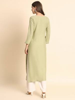 Pista Colour Ethnic Chikankari Embroidery Work Rayon Kurti 2