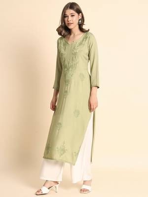 Pista Colour Ethnic Chikankari Embroidery Work Rayon Kurti 4