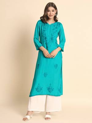 Blue Colour Chikankari Embroidery Rayon Kurti 1