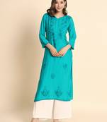 Blue Colour Ethnic Chikankari Embroidery Work Rayon Kurti