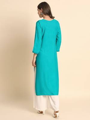 Blue Colour Chikankari Embroidery Rayon Kurti 2