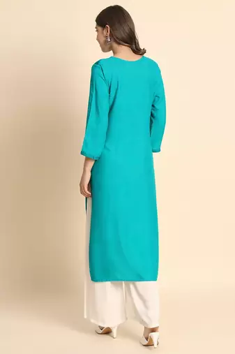 Blue Colour Chikankari Embroidery Rayon Kurti