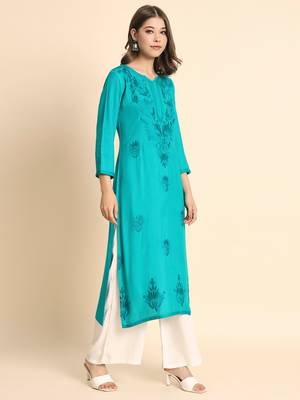 Blue Colour Chikankari Embroidery Rayon Kurti 3
