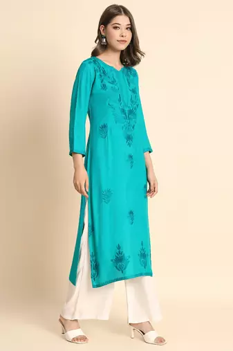 Blue Colour Chikankari Embroidery Rayon Kurti