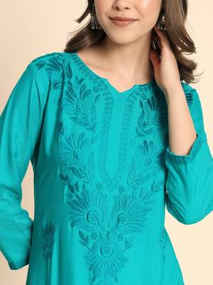 Blue Colour Chikankari Embroidery Rayon Kurti 4