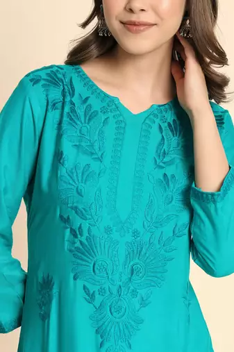 Blue Colour Chikankari Embroidery Rayon Kurti