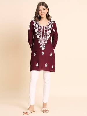 Maroon Colour Smart And Ethnic Resham Work Embroidered Kurti 1