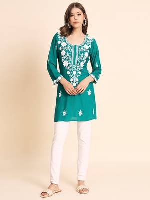 Blue Colour Smart And Ethnic Resham Work Embroidered Kurti 1