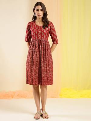 Red Colour Partywear Foil Printed Ethnic Girlish Kurti 1