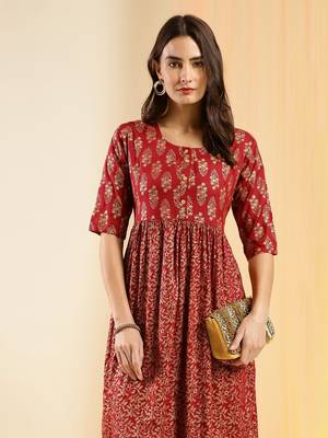Red Colour Partywear Foil Printed Ethnic Girlish Kurti 3