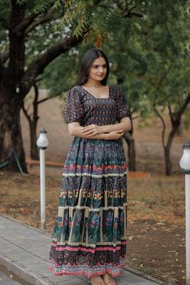 Green Colour Ethnic Printed Long Kurti For Party Girlish Looks 1
