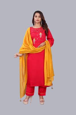 Rani Pink Colour Silk Slub Straight Kurtas Pant Set 1