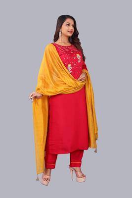 Rani Pink Colour Silk Slub Straight Kurtas Pant Set 2