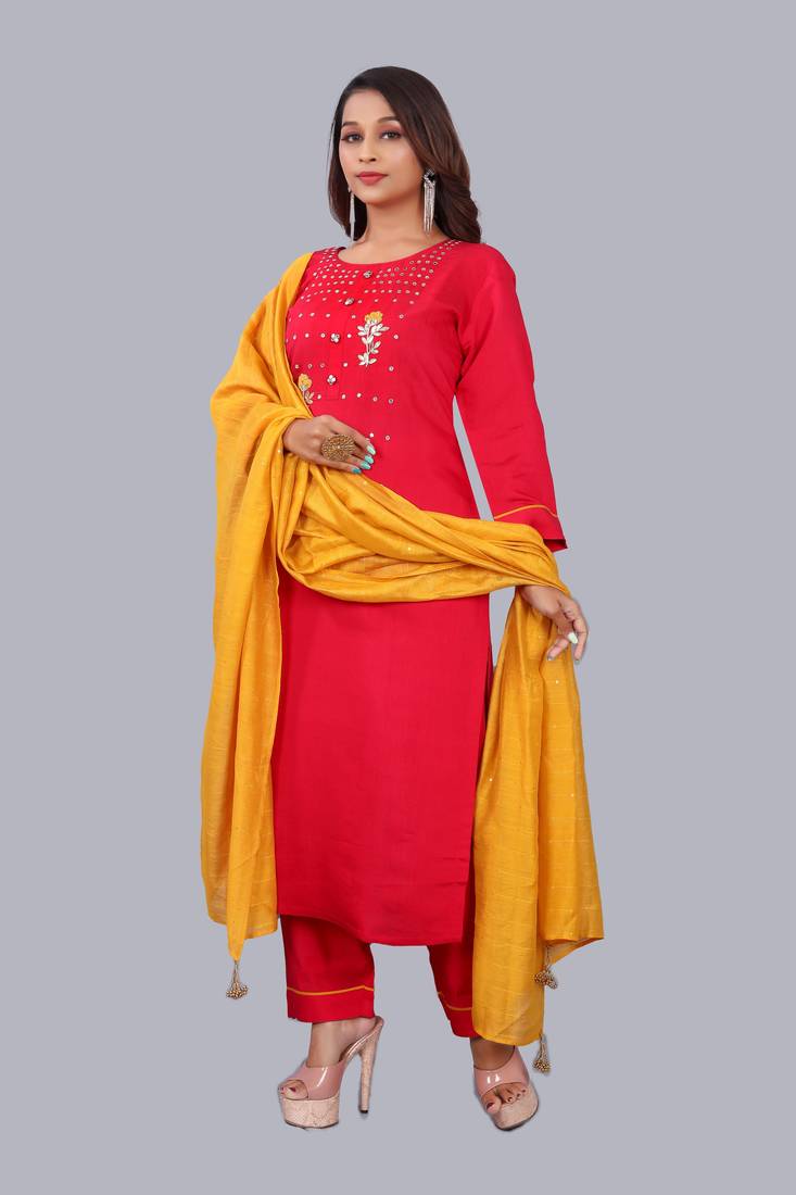 Rani Pink Colour Silk Slub Straight Kurtas Pant Set