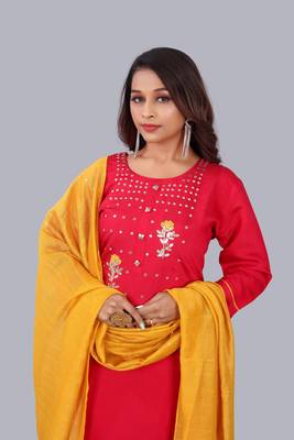 Rani Pink Colour Silk Slub Straight Kurtas Pant Set 5