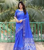 Blue Woven Design Bandhej Silk Blend Saree With Blouse