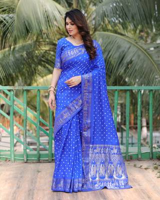 Blue Woven Design Bandhej Silk Blend Saree With Blouse 2