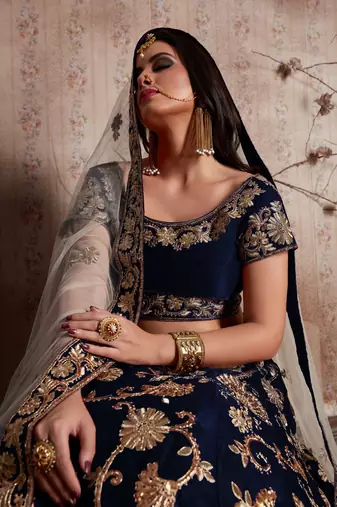 Navy Blue Velvet Stone Work Embroidered Traditional Lehenga Choli With Net Dupatta