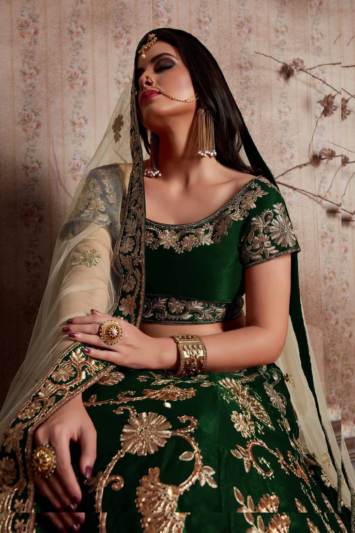  Forest Green Velvet Lehenga Set With Patchwork Embroidery