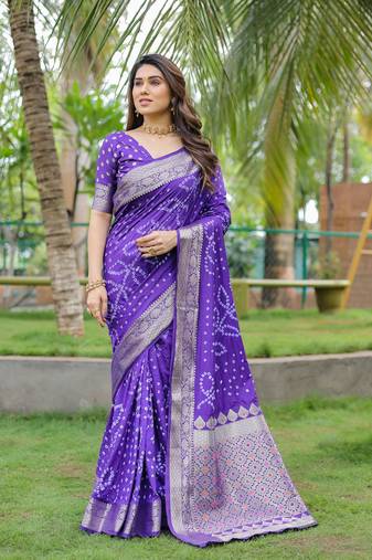 Woven Design Bandhej silk blend Saree With Blouse