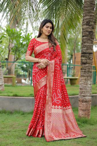 Red Woven Design Bandhej silk blend Saree With Blouse