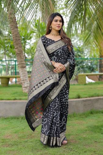Black Woven Design Bandhej silk blend Saree With Blouse