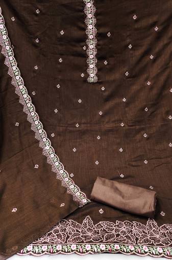 Women's brown unstitched heavy thread embroidery, sequence  with embroidered dupatta silk dress material (gngr50067bwn)