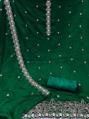 Women's green unstitched heavy thread embroidery, sequence  with embroidered dupatta silk dress material (gngr50067grn) 2