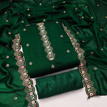 Women's green unstitched heavy thread embroidery, sequence  with embroidered dupatta silk dress material (gngr50067grn) 3