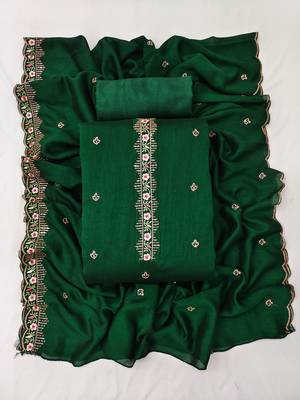 Women's green unstitched heavy thread embroidery, sequence  with embroidered dupatta silk dress material (gngr50067grn) 4