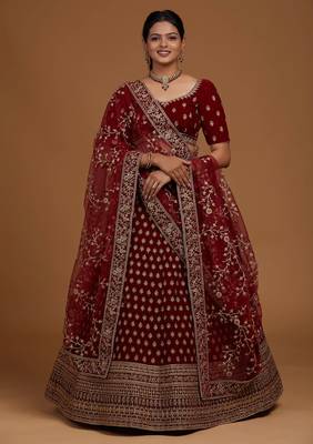 Trendy  Velvet  Maroon  Embroidery  Sequence Bridal Lehenga Choli 1