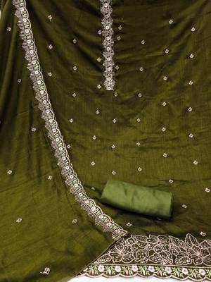 Women's mehandi unstitched heavy thread embroidery, sequence with embroidered dupatta silk dress material (gngr50067mhd) 2