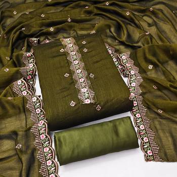 Women's mehandi unstitched heavy thread embroidery, sequence with embroidered dupatta silk dress material (gngr50067mhd) 3
