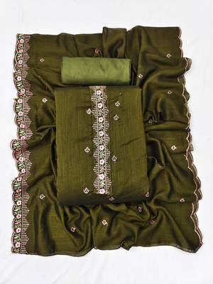 Women's mehandi unstitched heavy thread embroidery, sequence with embroidered dupatta silk dress material (gngr50067mhd) 4