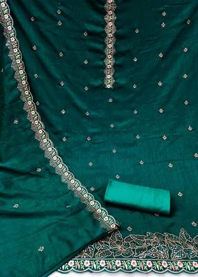 Women's sea green unstitched heavy thread embroidery, sequence embroidered dupatta silk dress material (gngr50067sgn) 2