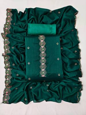 Women's sea green unstitched heavy thread embroidery, sequence embroidered dupatta silk dress material (gngr50067sgn) 4