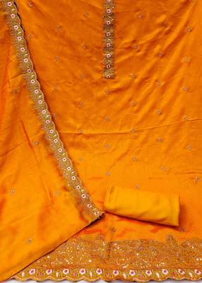 Women's yellow unstitched heavy thread embroidery, sequence  with embroidered dupatta silk dress material (gngr50067ylw) 2