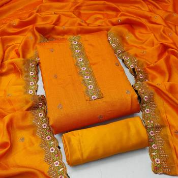 Women's yellow unstitched heavy thread embroidery, sequence  with embroidered dupatta silk dress material (gngr50067ylw) 3