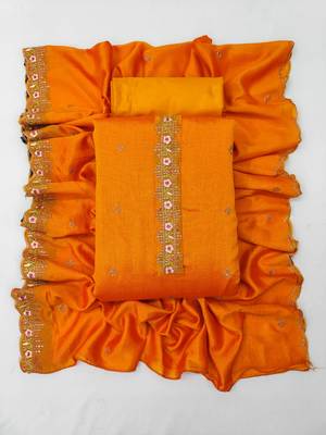 Women's yellow unstitched heavy thread embroidery, sequence  with embroidered dupatta silk dress material (gngr50067ylw) 4