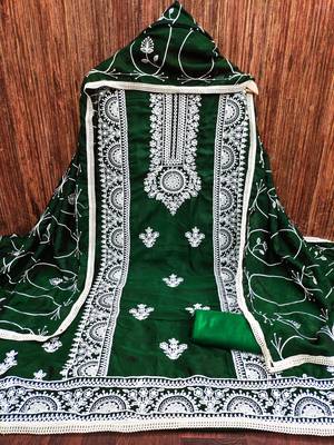 Women's green heavy thread embroidery and designer embroidered dupatta silk dress material 1