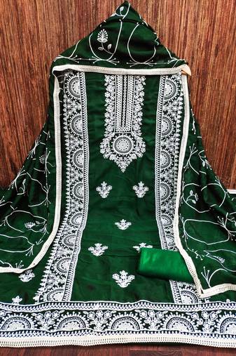 Women's green unstitched heavy thread embroidery and designer embroidered dupatta silk dress material (gngr50069grn)