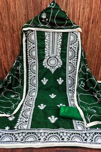 Women's green heavy thread embroidery and designer embroidered dupatta silk dress material