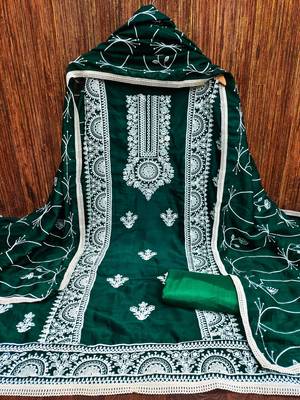 Women's sea green heavy thread embroidery and designer embroidered dupatta silk dress material 2